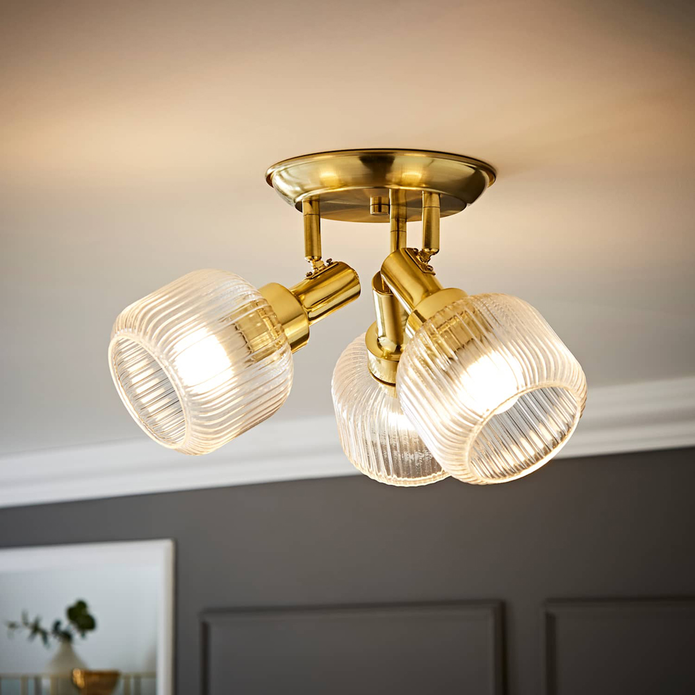 ValueLights Calpe Ribbed Clear Shades 3 Way Antique Brass Adjustable Ceiling Spotlight with Bulbs Image 6