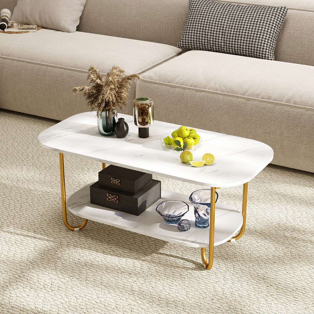 Costway Single Shelf White Faux Marble Coffee Table Image 4