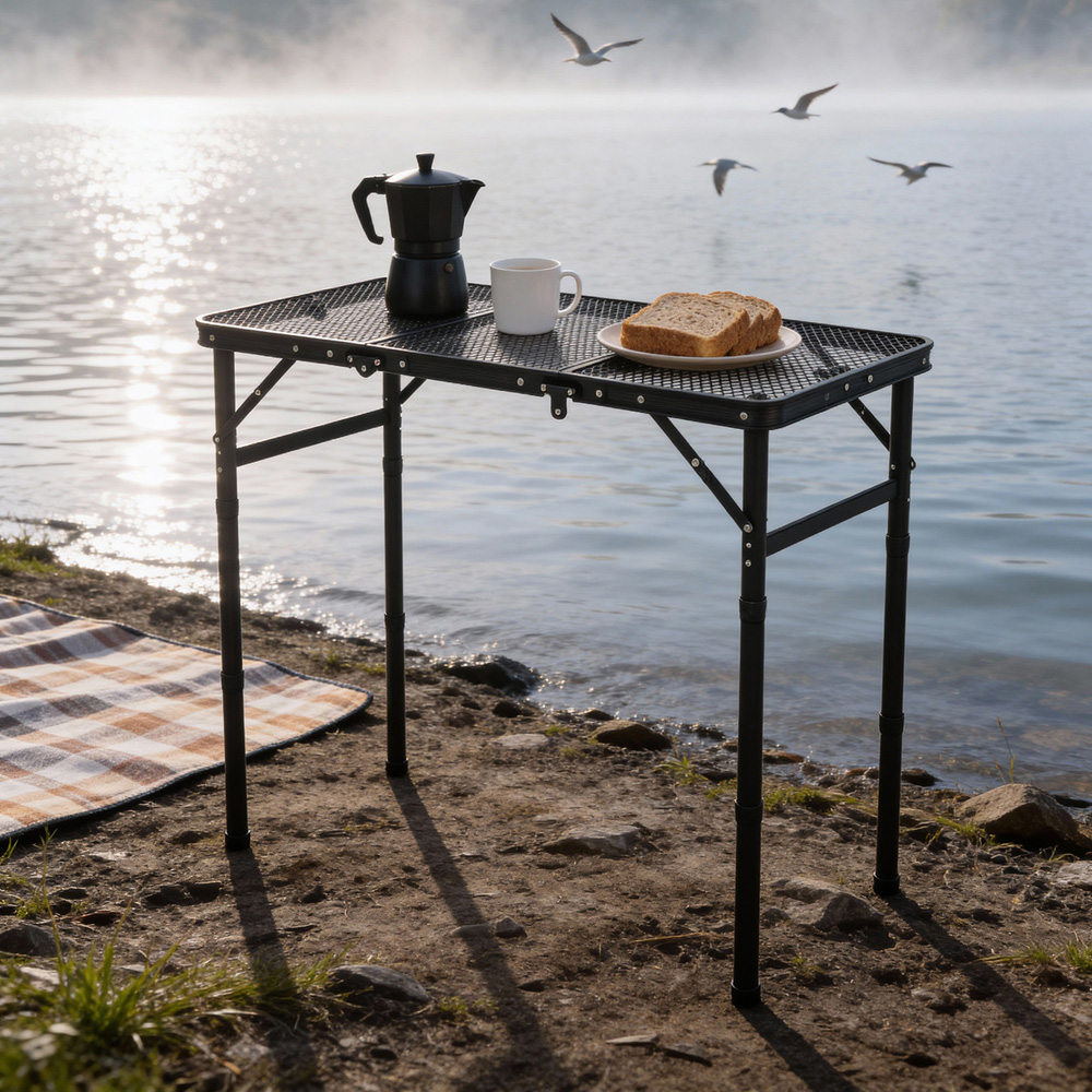 Living and Home Black Tri-fold Aluminium Height Adjustable Camping Table Image 2
