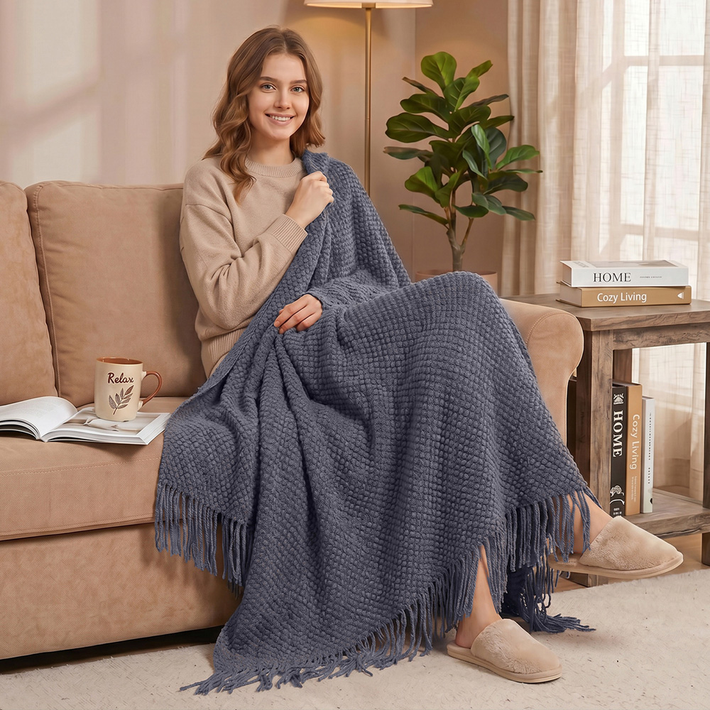 Living and Home Dark Grey Popcorn Knit Throw Blanket with Tassels 130 x 170cm Image 2