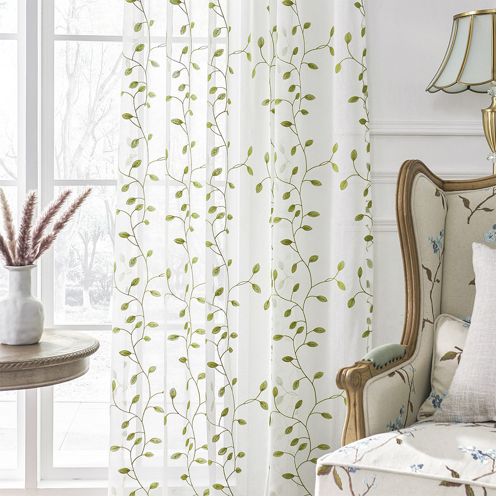 Living and Home Green Vine Embroidered Semi-Sheer 2 Panel Curtains 130 x 240cm Image 7