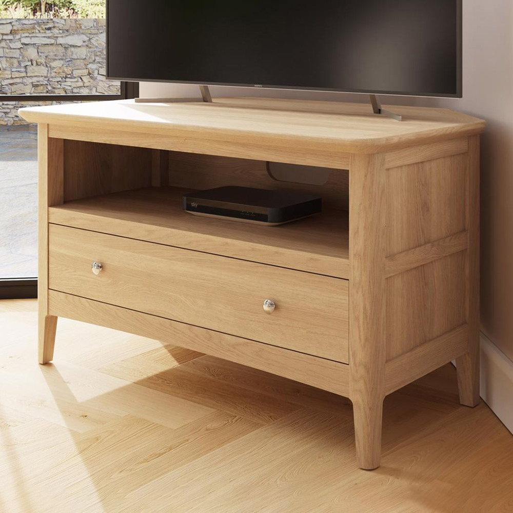 FWStyle Single Drawer Single Shelf Natural Oak Corner TV Unit Image 1