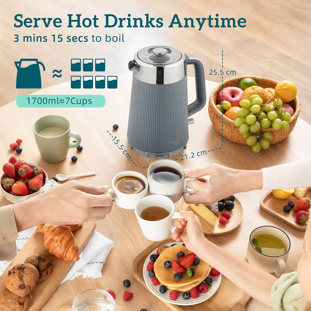 HOMCOM 800-266V70GY Grey 1.7L Rapid Boil Kettle 3000W and 4 Slice Toaster Set Image 8