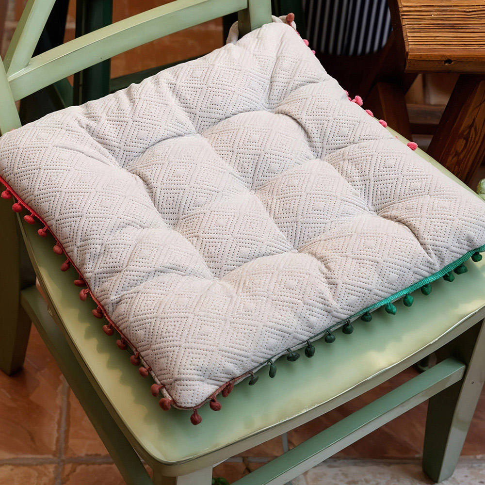 Living and Home Grey Square Dining Chair Cushion with Pom Poms 40 x 40cm Image 2