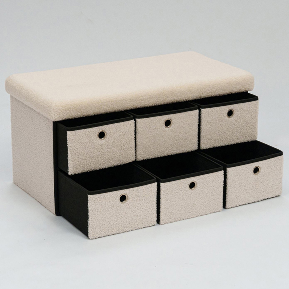 Home Source Folding 6 Drawer Cream Fur Ottoman Storage Unit Image 3