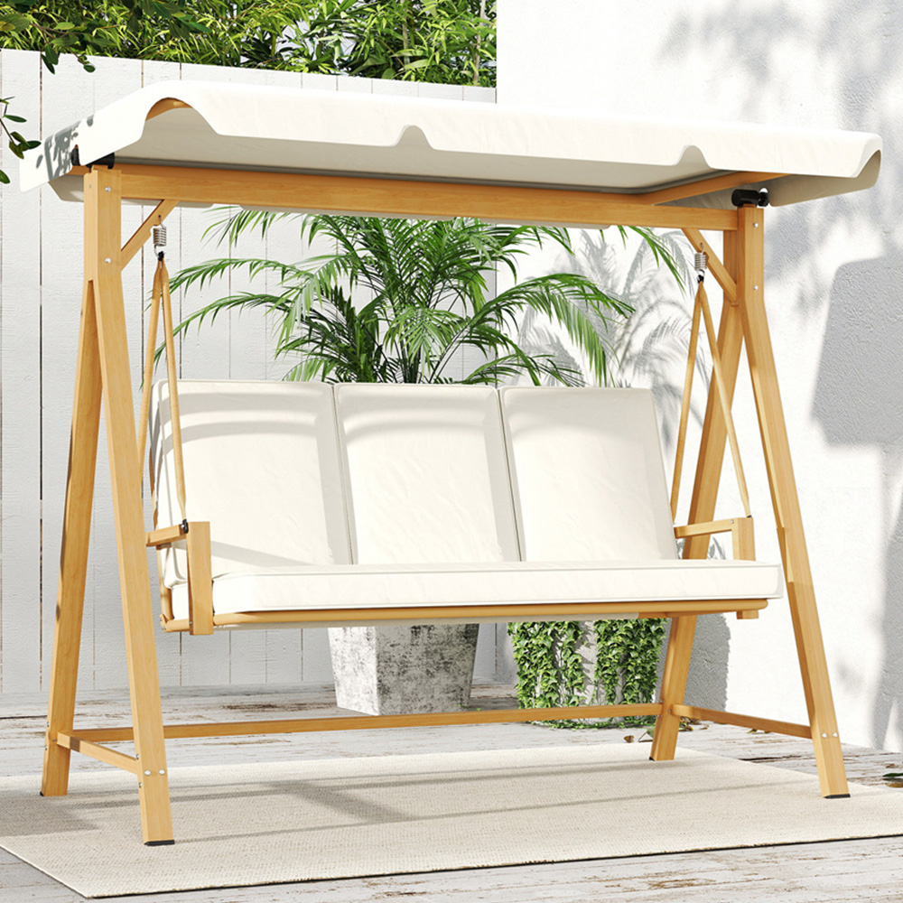 Outsunny 3 Seater Beige Garden Swing Bench with Adjustable Canopy and Cushion Image 1