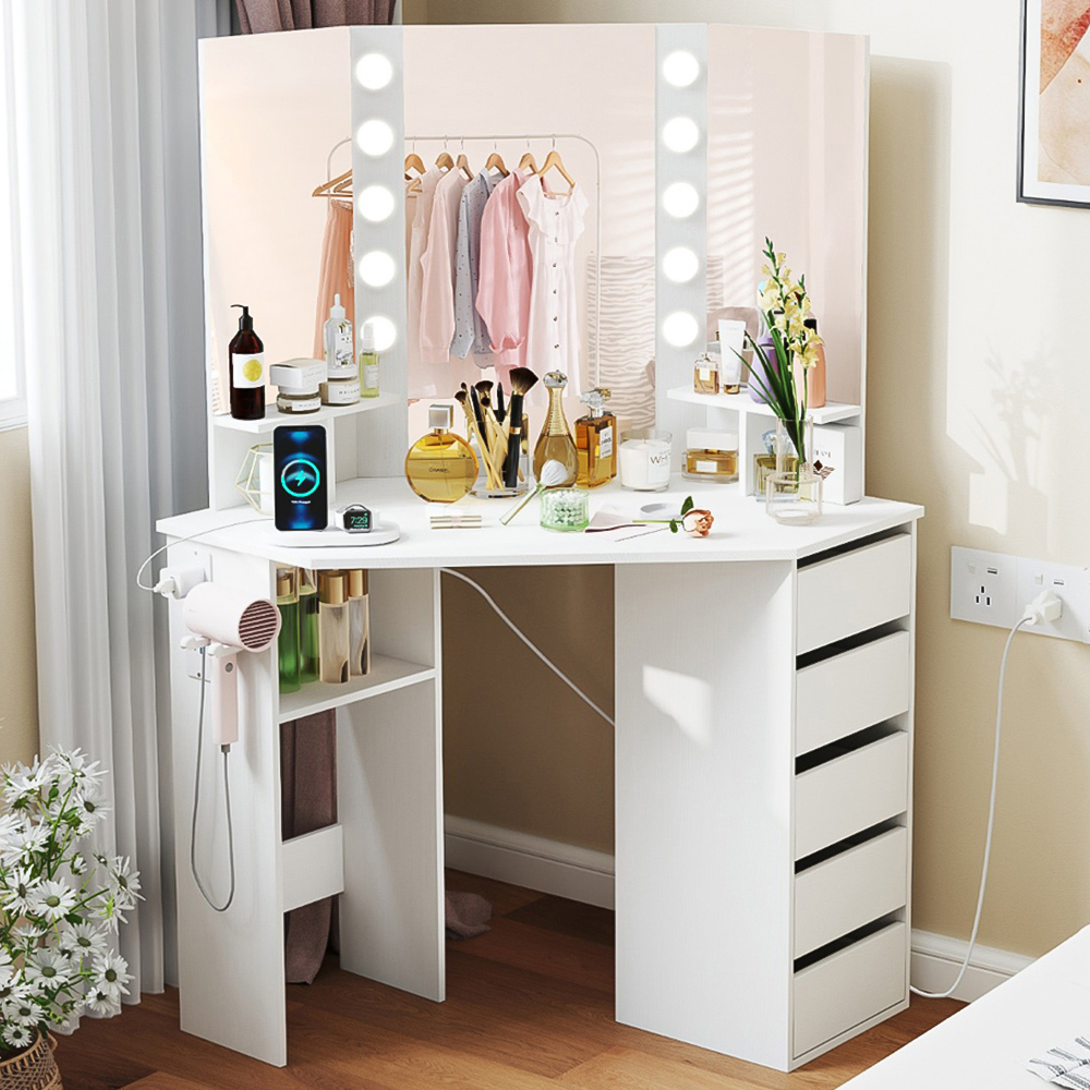 Costway White Vanity Desk with Lighted Mirror and Power Outlet Image 1