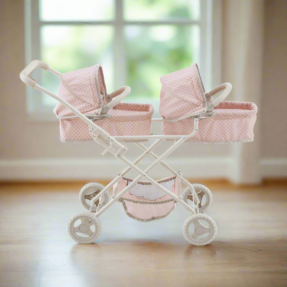 Teamson Kids Olivia's Little World Pink Polka Dot Princess Double Bassinet Stroller Image 6