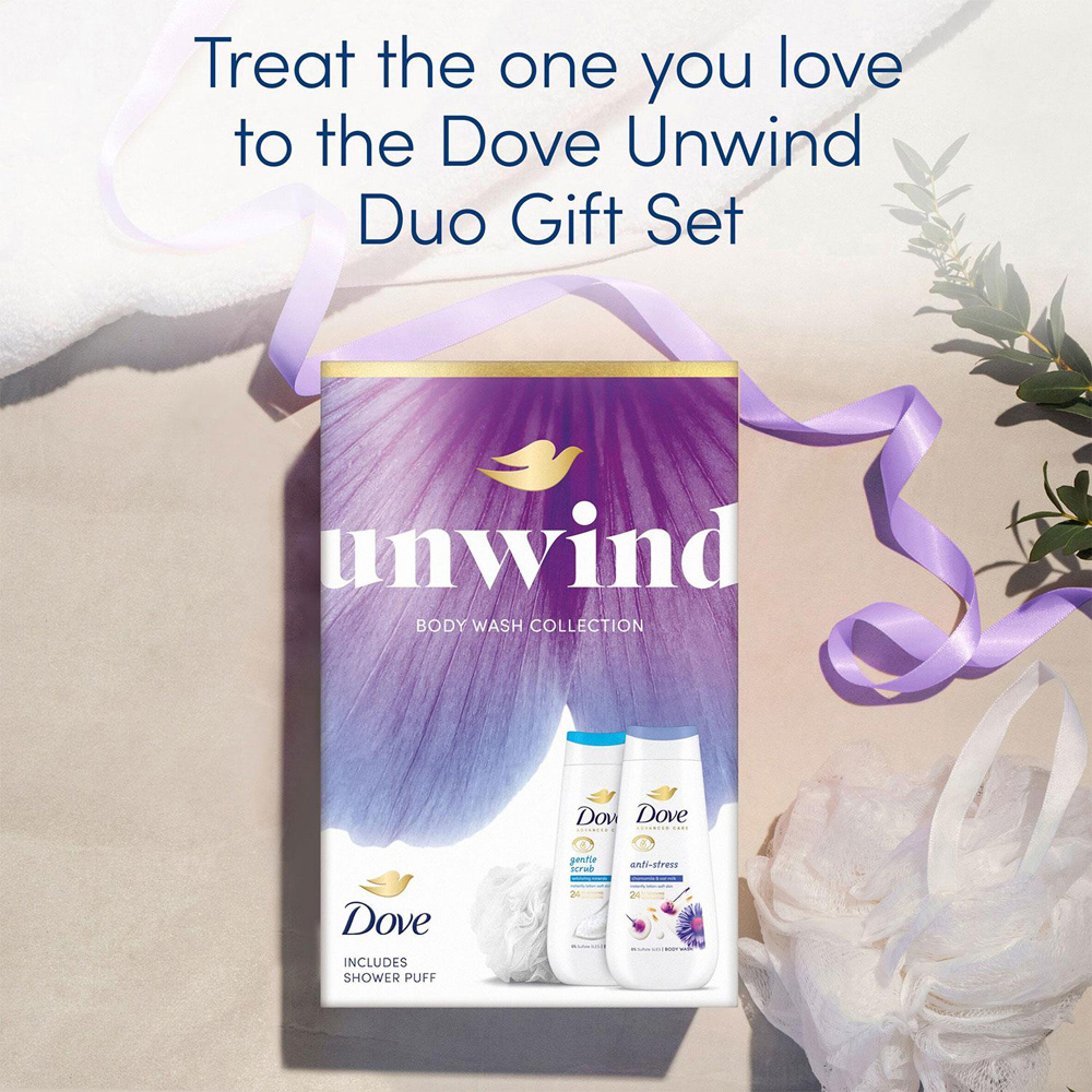 Dove Unwind Gentle Scrub and Anti Stress Bodywash Duo Gift Set 225ml 4 Pack Image 8