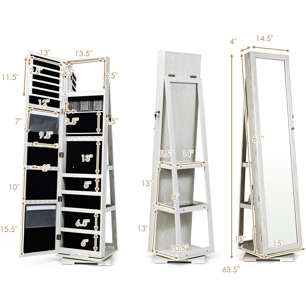 Costway White Rotatable Full Length Mirrored Jewellery Cabinet with 3 Shelf Image 9