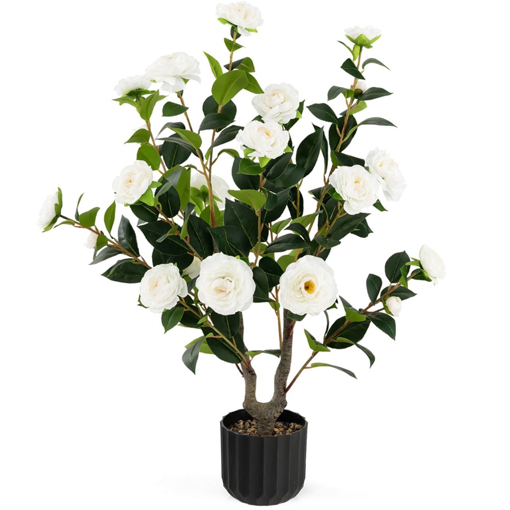 Costway White Flowers Camellia Tree Artificial Plant In Pot 3.1ft Image 1
