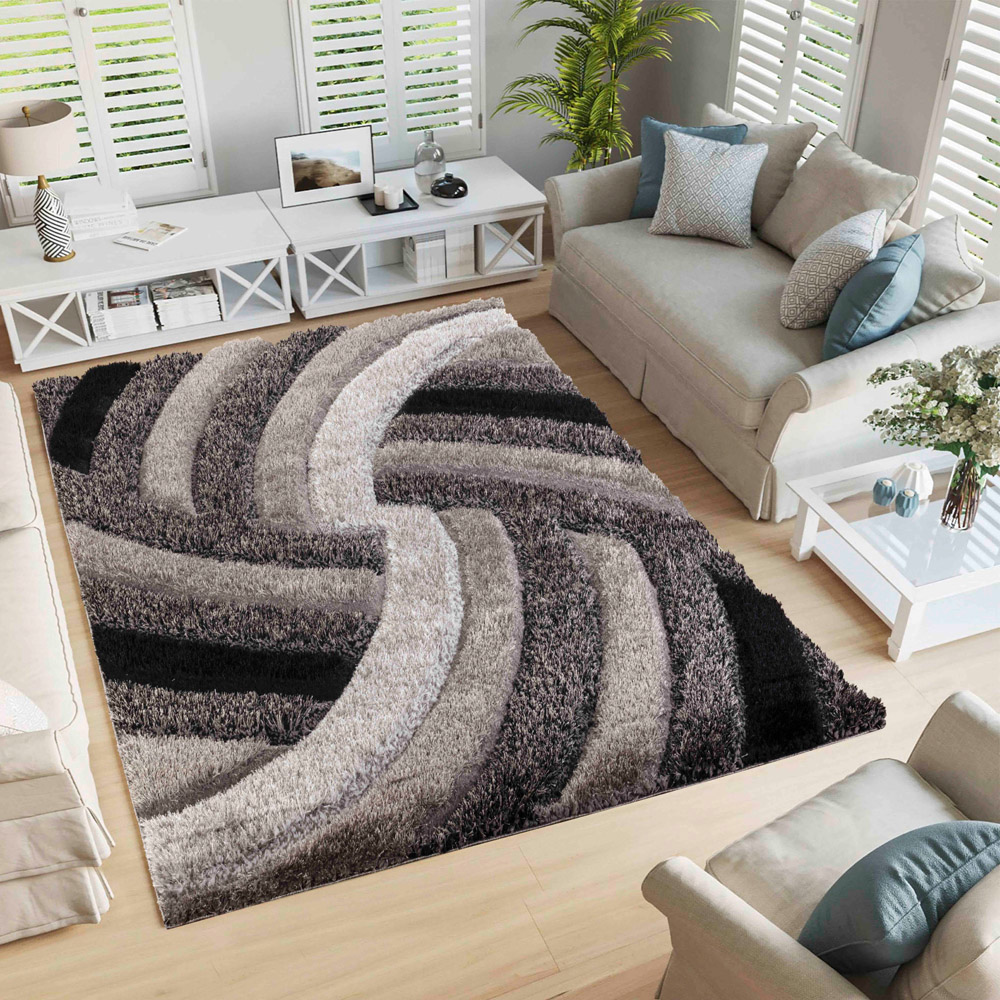 Desire Rug Modern Grey Swirl Shimmer Soft Shaggy Area Rug 60 x 220cm Image 4