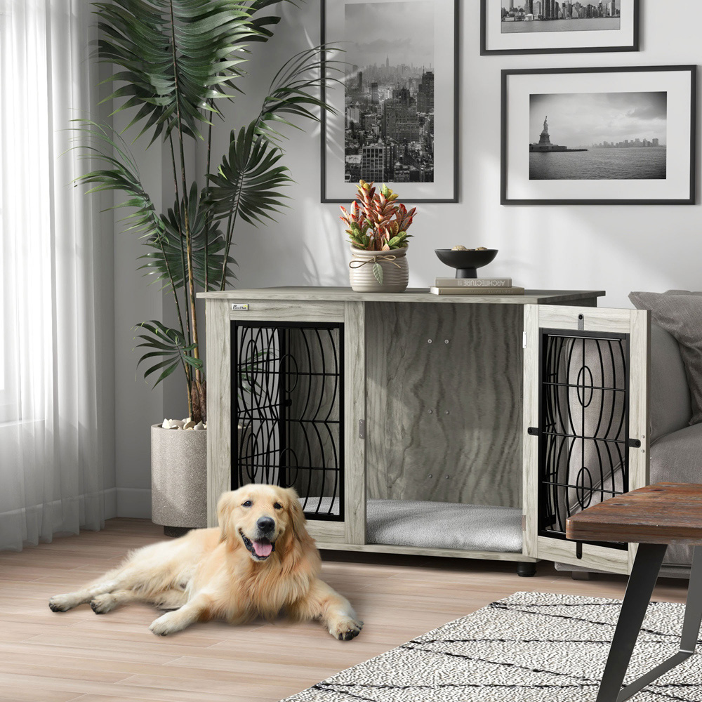 PawHut Grey Dog Crate End Table with Cushion 94cm Image 2