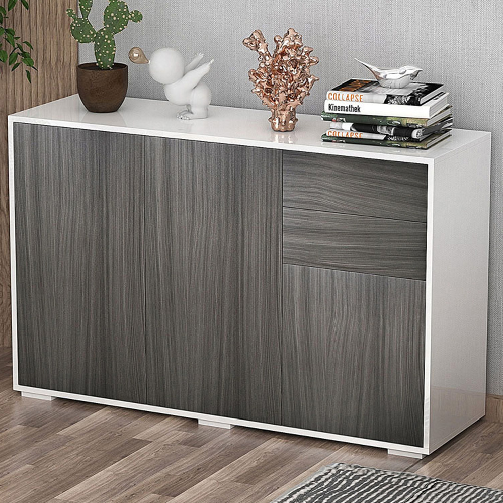 Portland 2 Drawer 2 Cabinet Light Grey and High Gloss White Sideboard Image 1