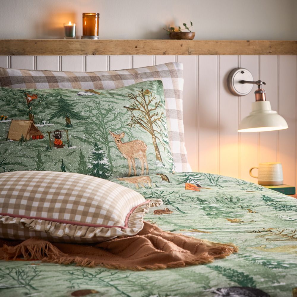 furn. Lodge Wood Double Oak Green Cotton Duvet Set Image 2