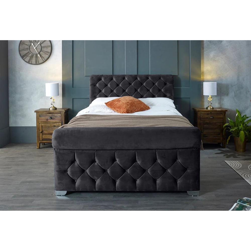 Eleganza Home Veneta King Size Steel Plush Velvet Bed Frame with Chesterfield Headboard Image 6