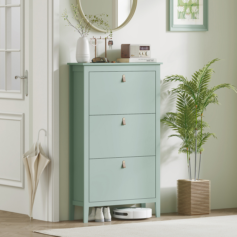HOMCOM 3 Flip Down Drawer Green Shoe Cabinet Image 4