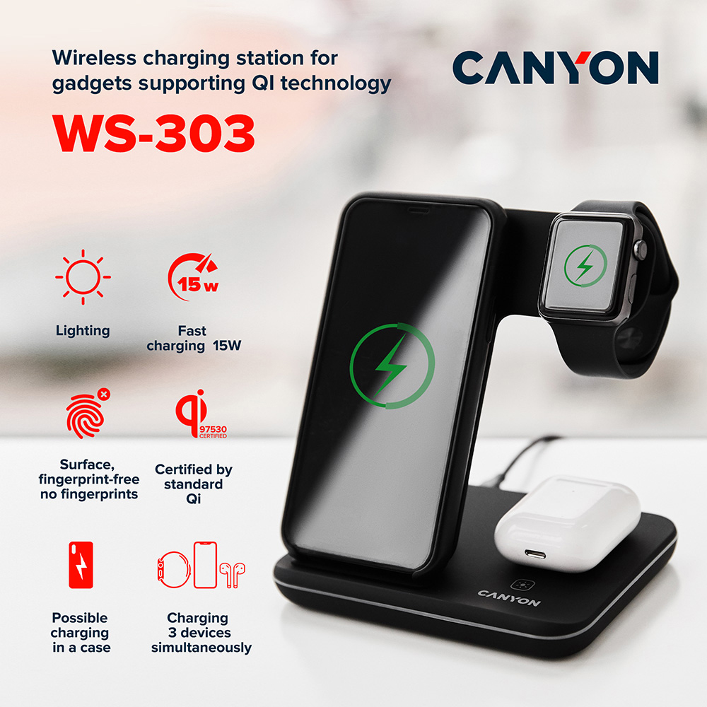 Canyon WS-303 3-in-1 White Wireless Charger 15W Image 7