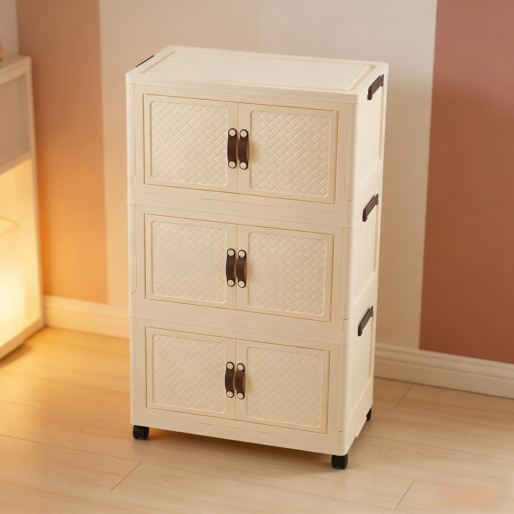 Living and Home 3-Tier Cream Foldable Storage Cabinet with Castors Image 2