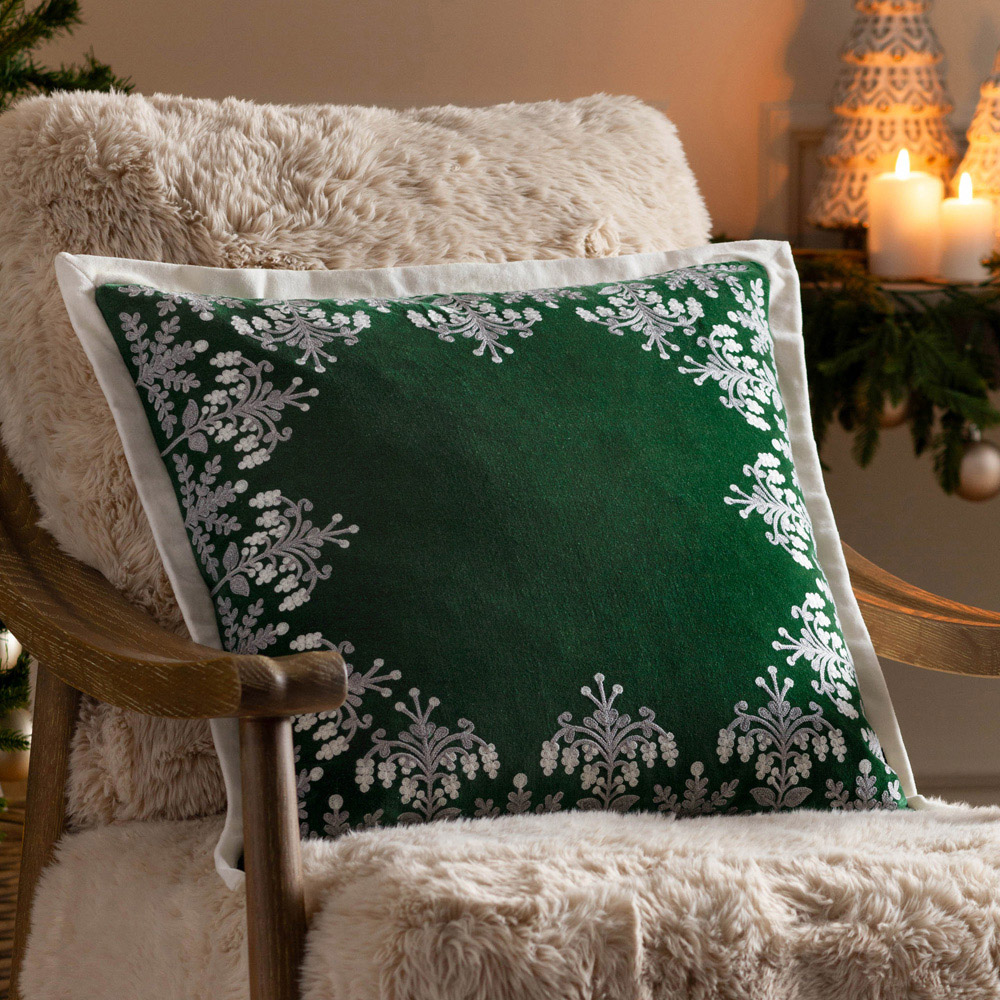 Paoletti Winter Bloom Embroidered Green Cotton Velvet Cushion 50 x 50cm Image 6
