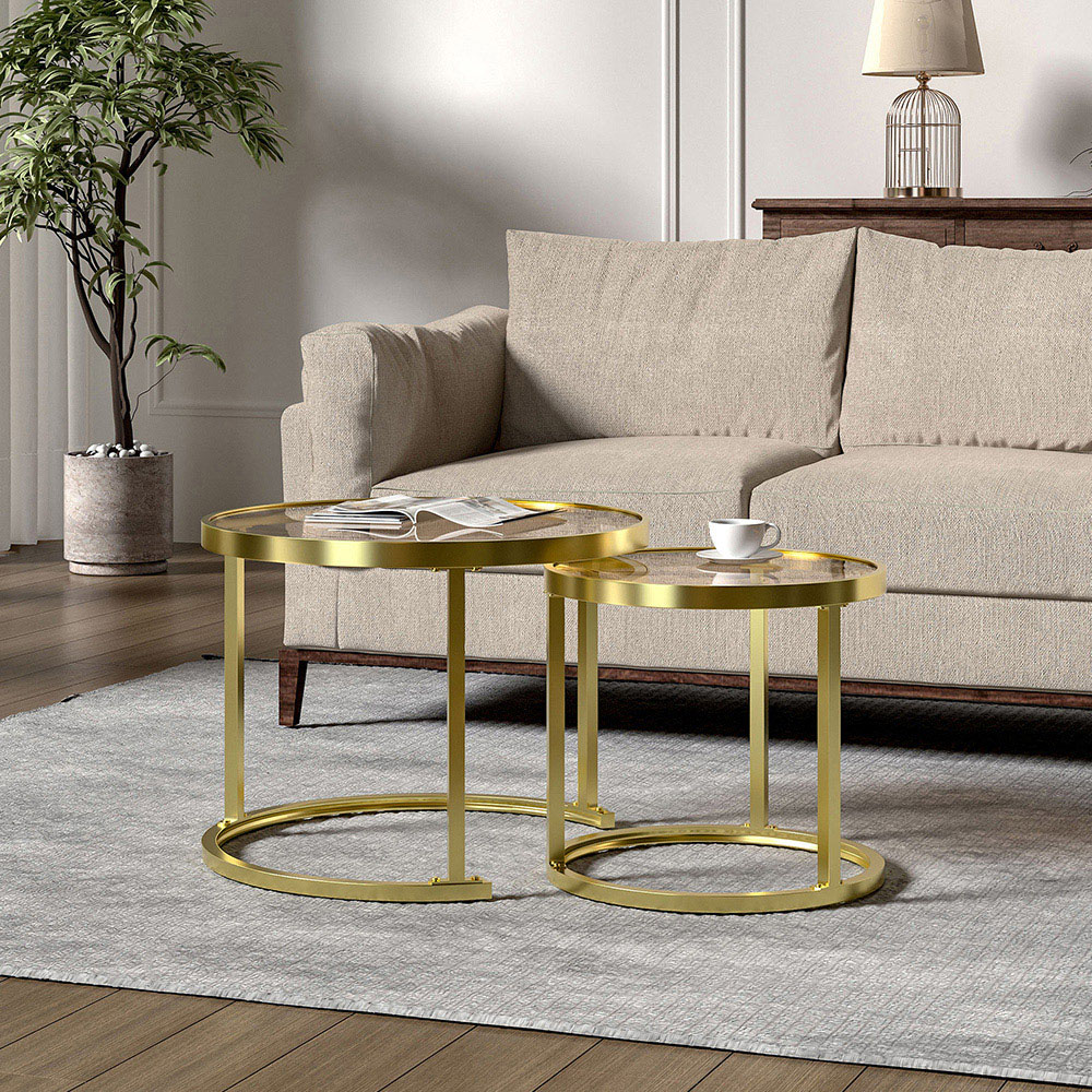Living and Home Round Gold Glass Nesting Tables Set of 2 Image 3