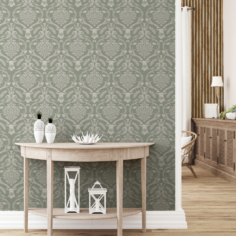 Arthouse Stag Damask Sage Green Wallpaper Image 7