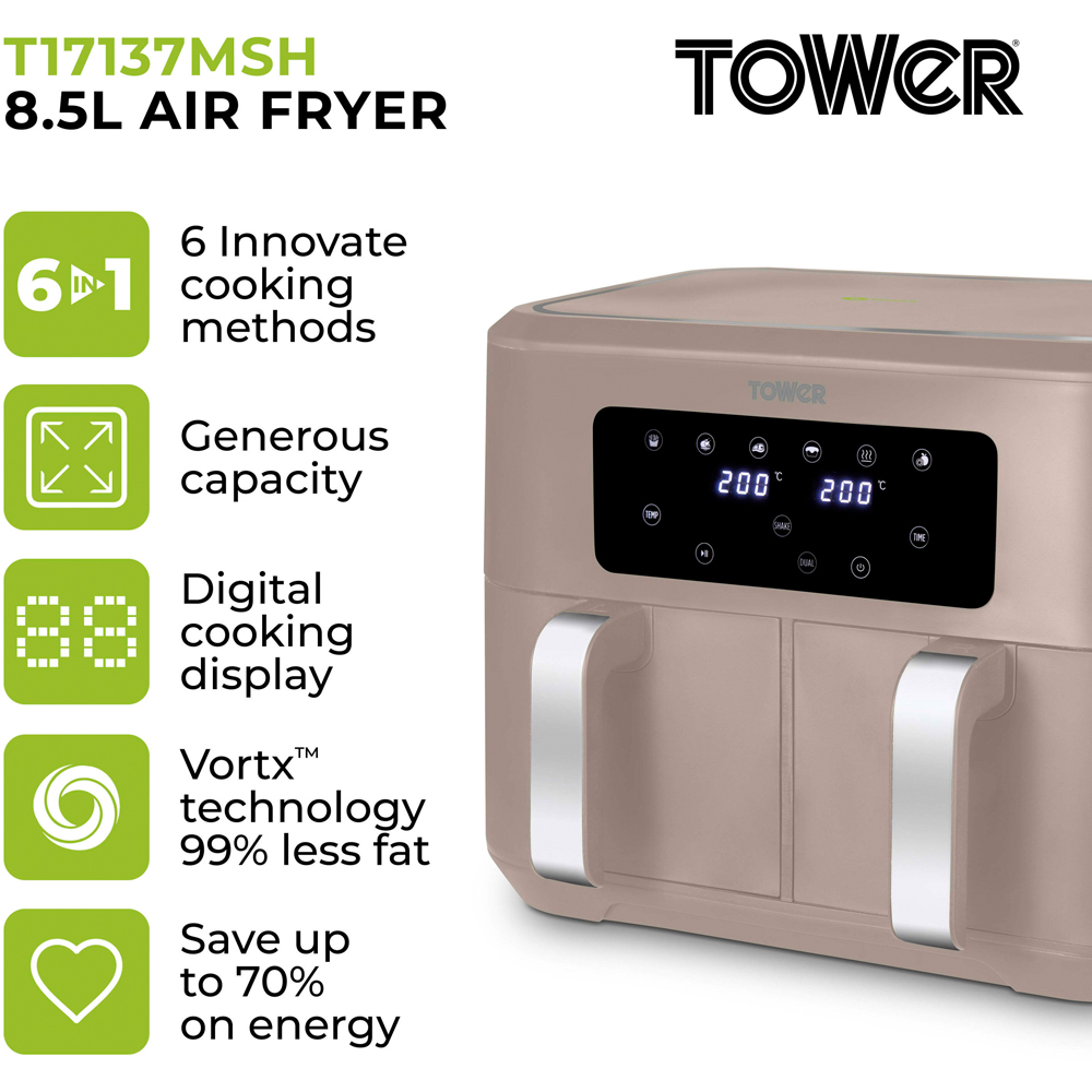 Tower Vortx T17137MSH Latte Dual Basket Chrome Trim Digital Air Fryer 8.5L Image 2