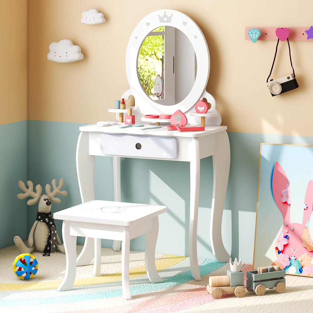 Costway Kids 3 Shelf White Vanity Dressing Table Set with Mirror Image 1