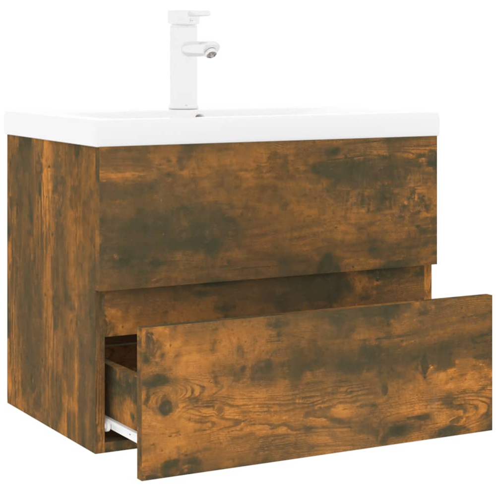vidaXL 2 Drawer Smoked Oak and White Sink Cabinet with Basin Faucet and Drain Image 3