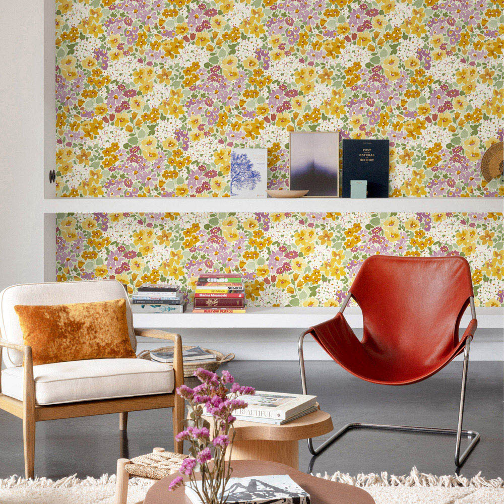 Grandeco Ditsy Flowers Ochre and Pink Wallpaper Image 2