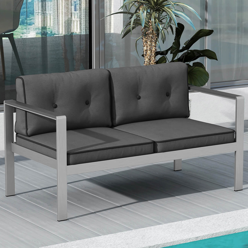 Costway 2 Seater Grey Aluminium Loveseat Sofa with Cushions Image 1