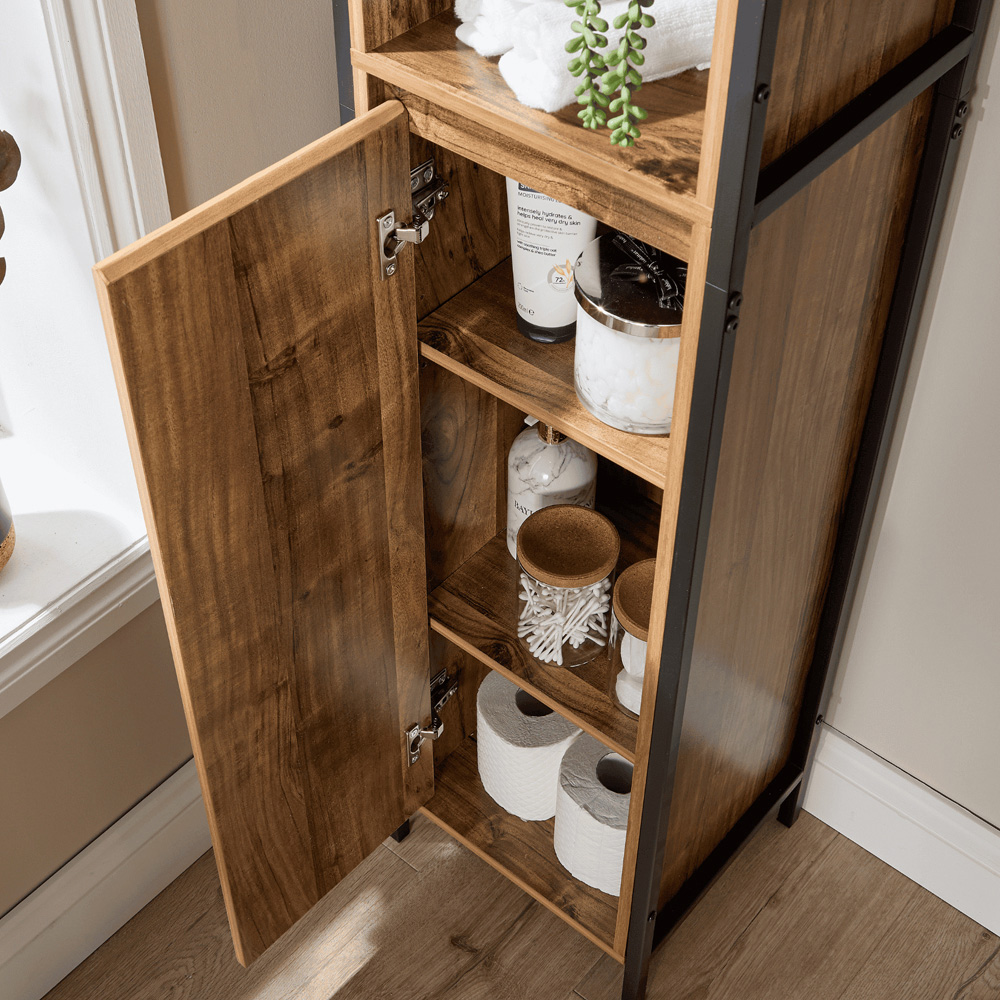 Home Source Locastra Single Door 3 Shelf Oak and Black Tall Bathroom Cabinet Image 3