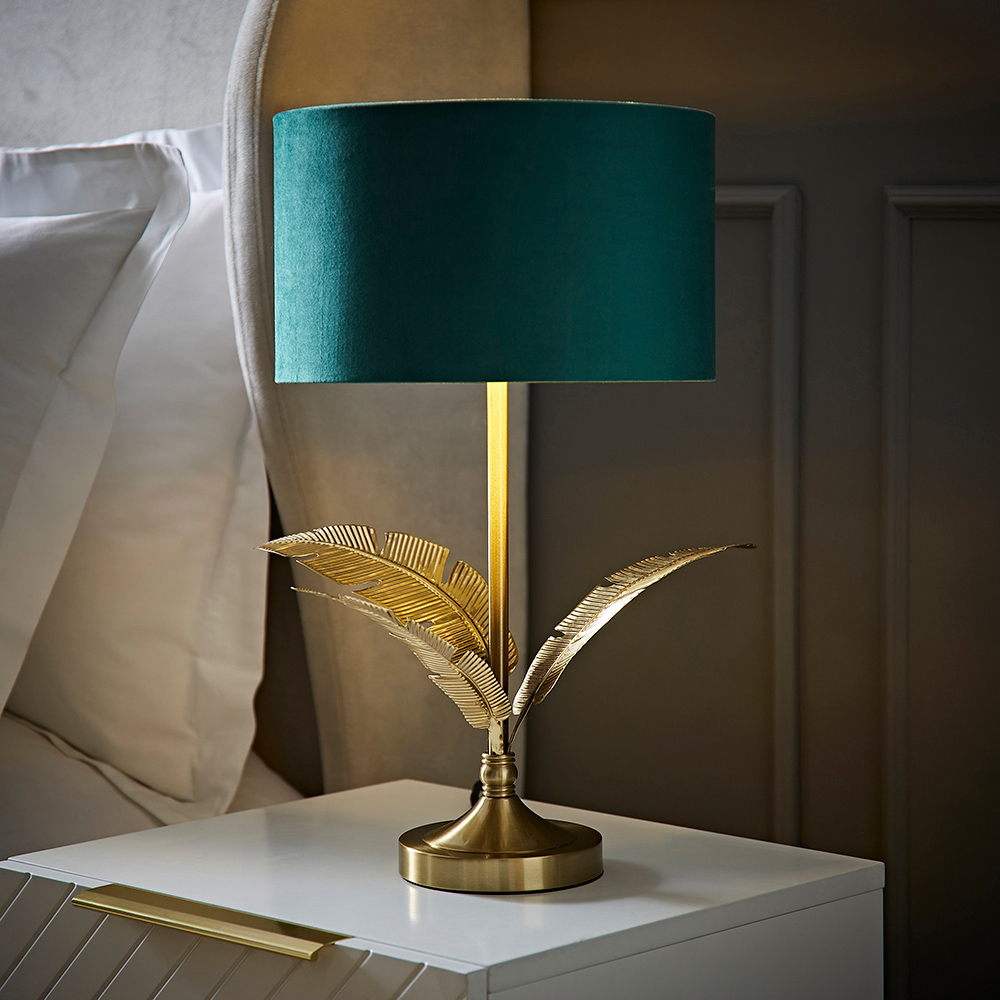 ValueLights Christina Green Velvet and Gold Palm Leaf Table Lamp with Bulb Image 6