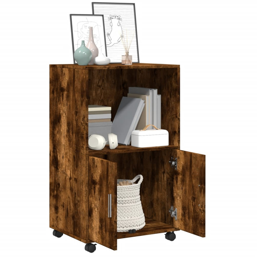 vidaXL 2 Door Single Open Shelf Smoked Oak Rolling Storage Cabinet Image 3