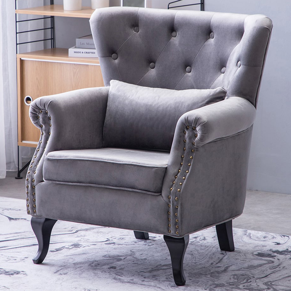 Living and Home Grey Velvet Accent Armchair with Cushion Image 1