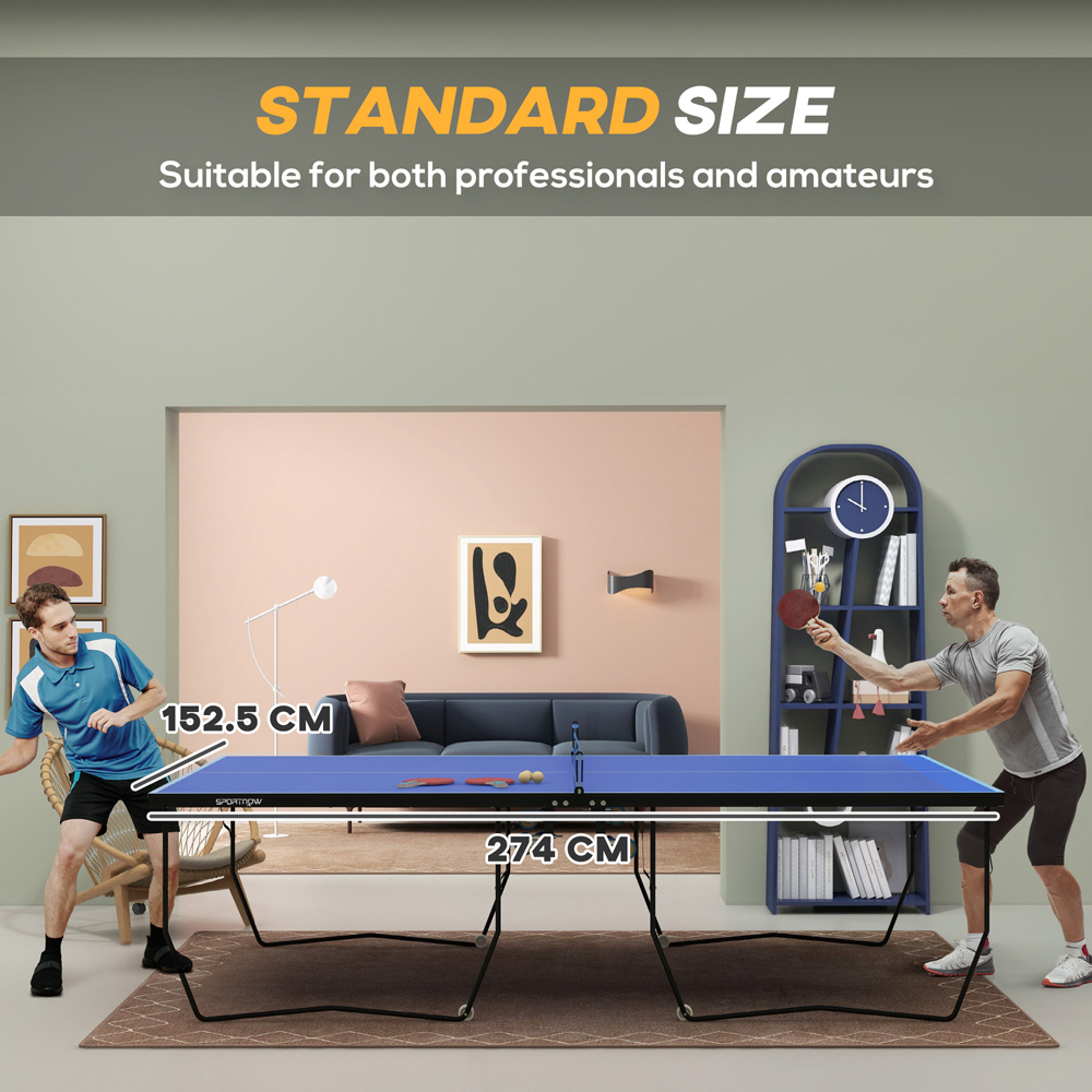 SPORTNOW Blue Foldable Indoor Tennis Table Set with 8 Wheels Image 8