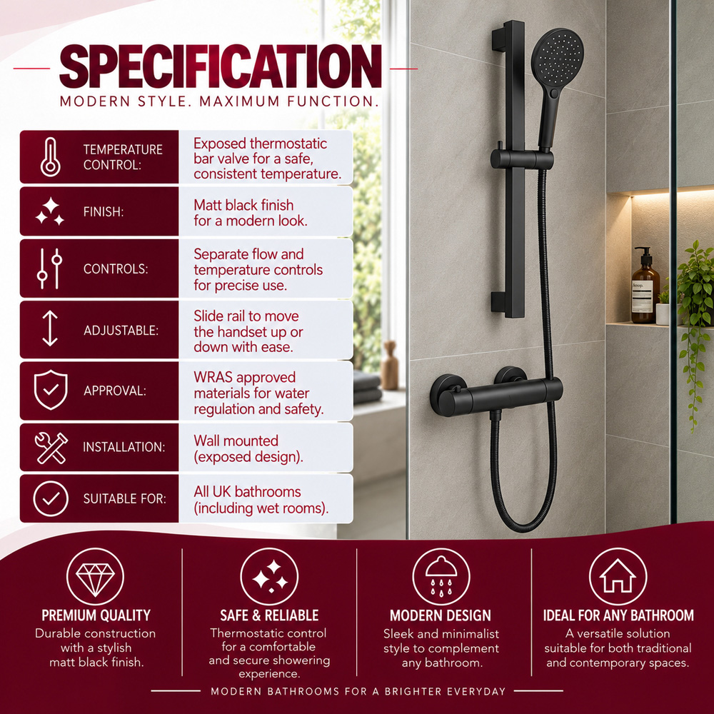 Go Bathrooms PureFlow Black Round Thermostatic Bar Shower Kit Image 5