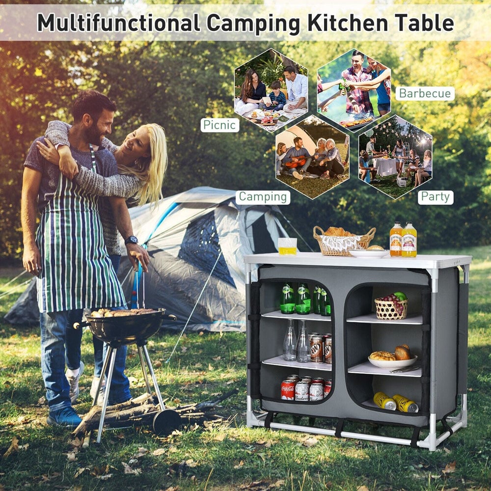 Costway Grey Portable Camping Cooking Table with Storage Image 3
