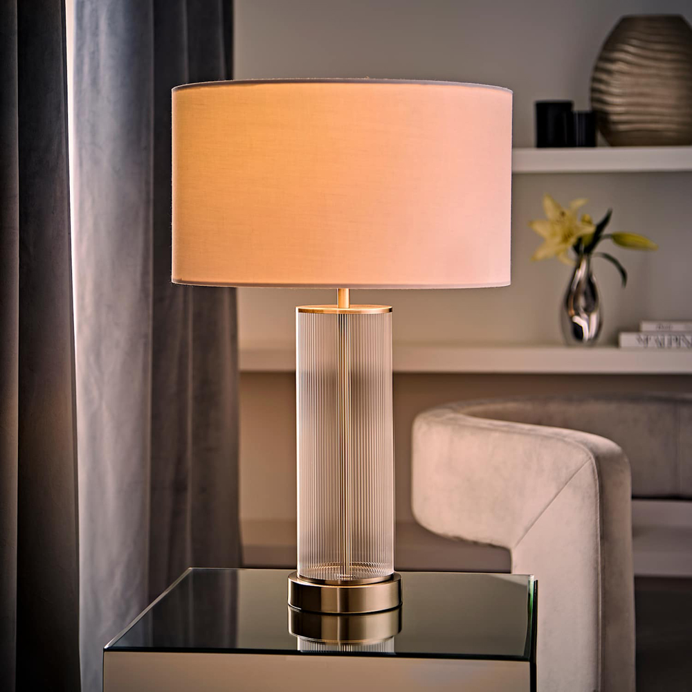 ValueLights Calin White Drum Shade Brushed Chrome Ribbed Glass Table Lamp with Bulb Image 2