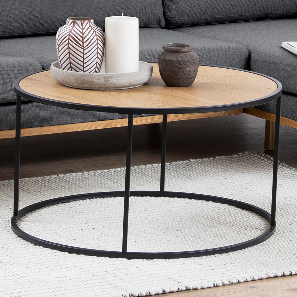 Florence Seaford Oak and Black Metal Round Coffee Table Image 1
