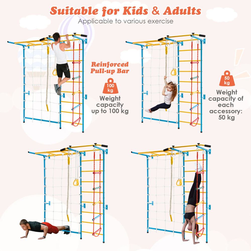 Costway Yellow Metal Kids Swedish Ladder Wall Bar with Gym Ring Image 7