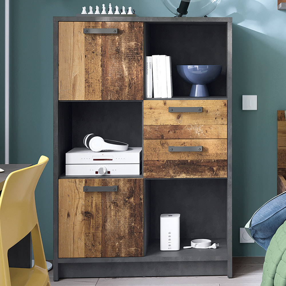 Florence Brooklyn 2 Door 2 Drawer Walnut and Dark Matera Grey Low Bookcase Image 1