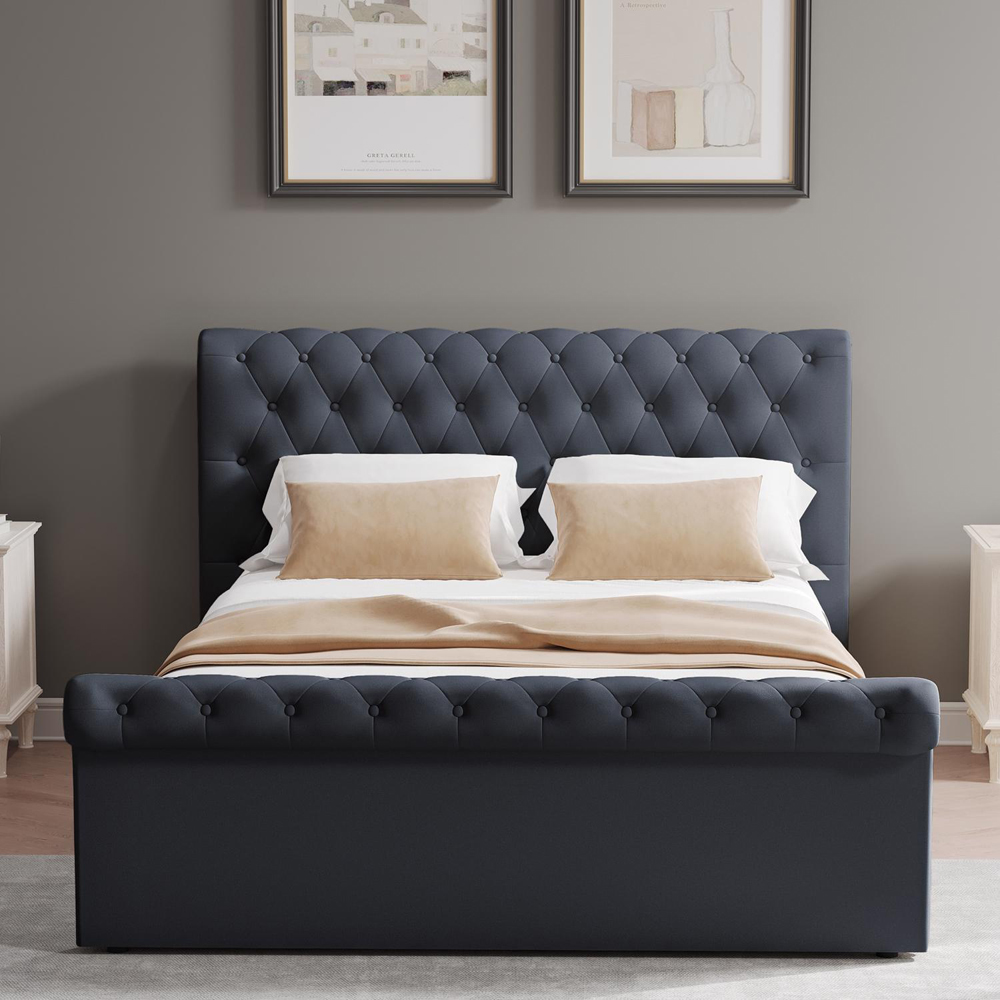 FWStyle Abbey Double Black Charcoal Side Lift Ottoman Bed Frame with Scroll Buttoned Headboard Image 3