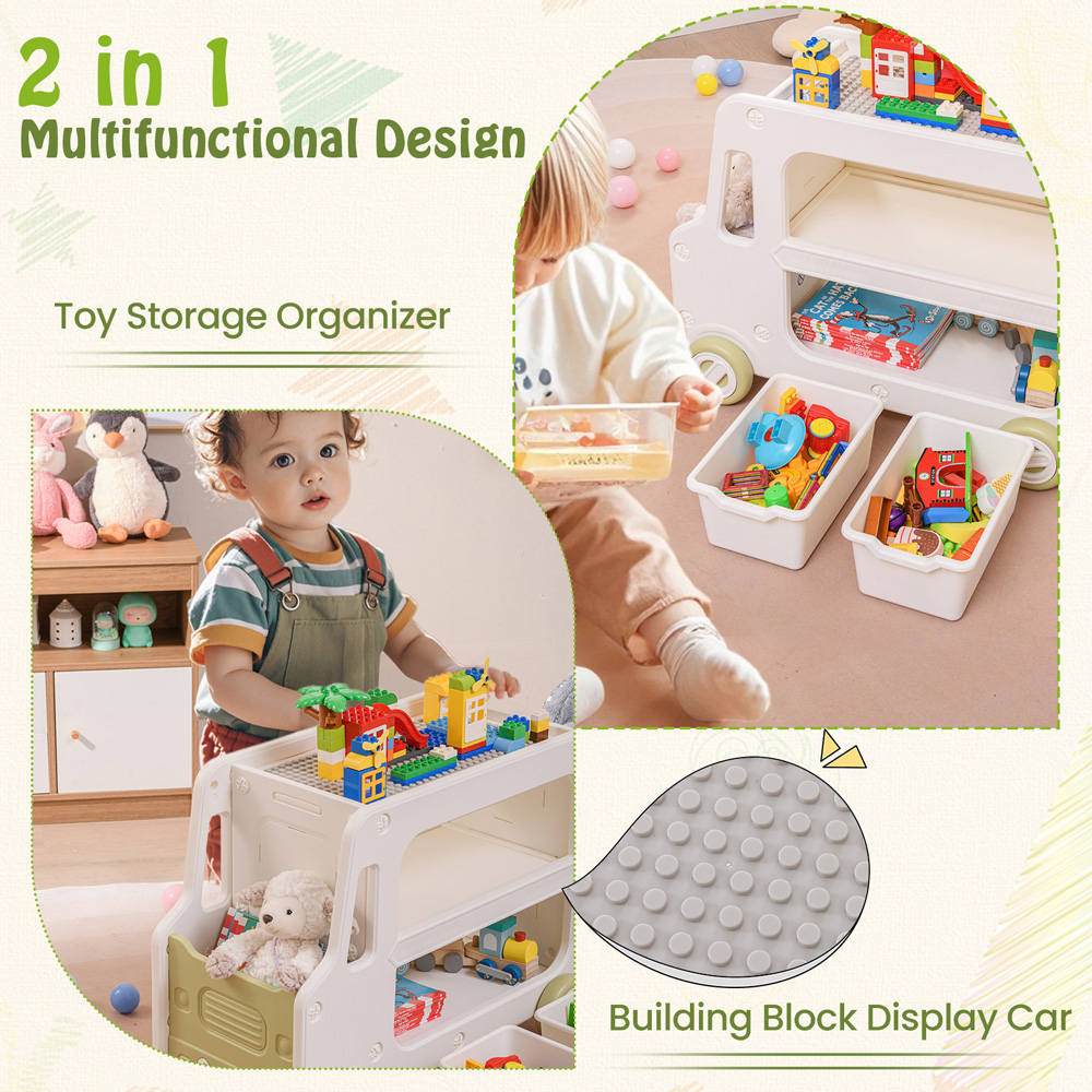 Costway 2-in-1 Kids White Car Shaped Toy Cabinet with Storage Basket Image 6