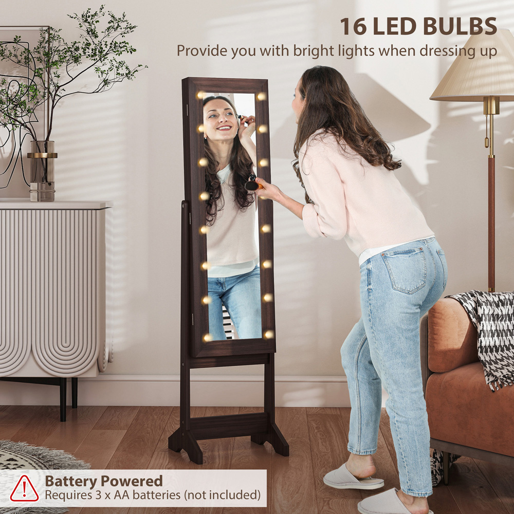 HOMCOM Dark Brown Freestanding LED Mirrored Jewellery Cabinet Image 7