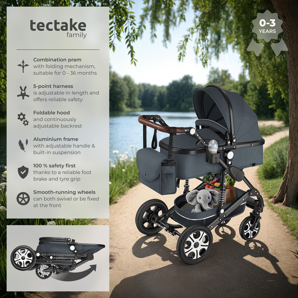 tectake Anthracite Foldable Pram Stroller with 5 Point Harness Safety Bar and Wrist Strap Image 3