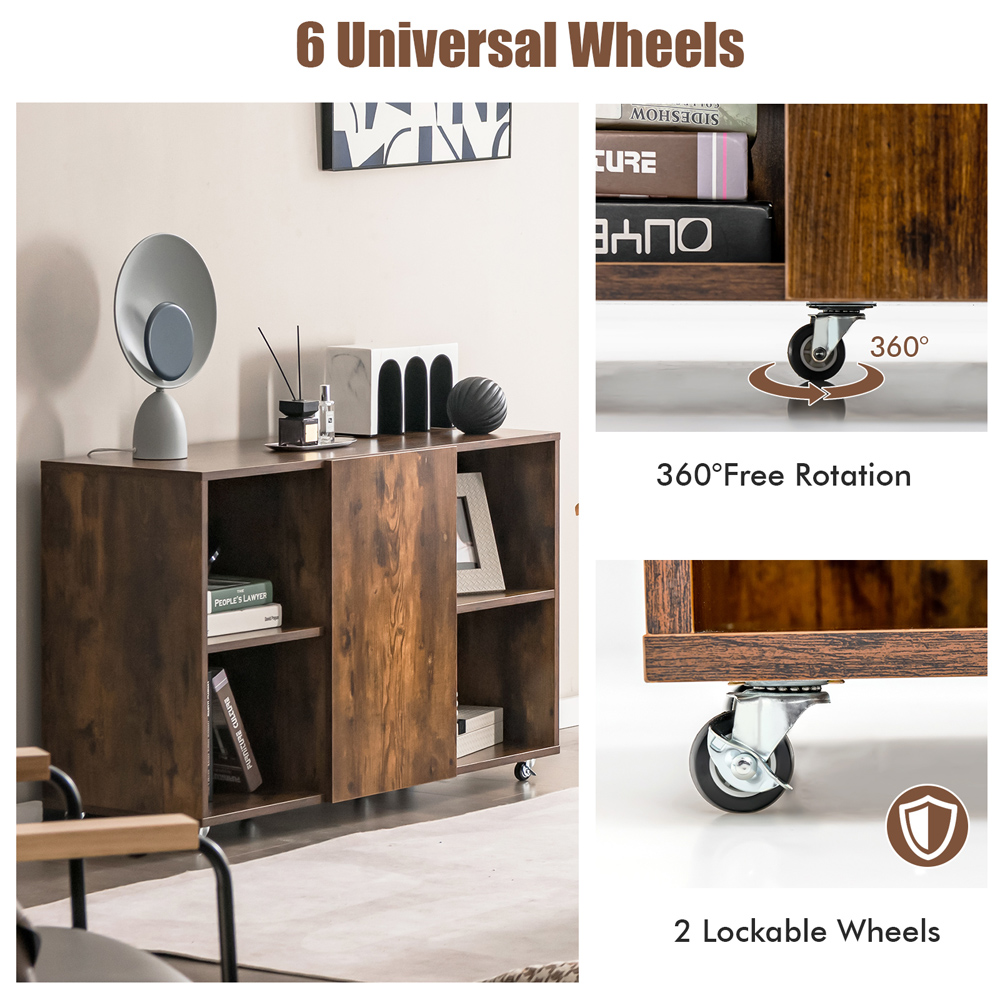 Costway 6 Cube Single Door Rustic Brown Wooden Rolling Cabinet Image 5