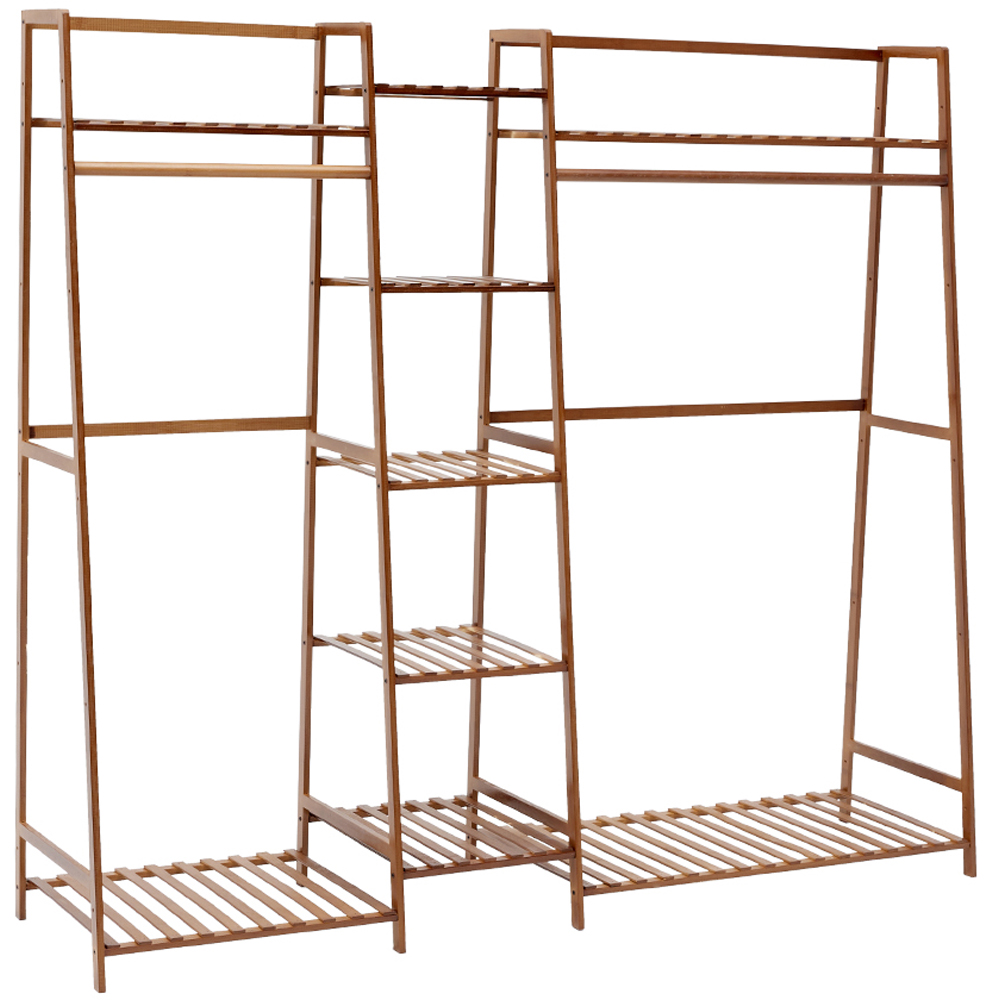 H&O Direct Trapezoid 9 Shelf Brown Bamboo Garment Rack Image 1