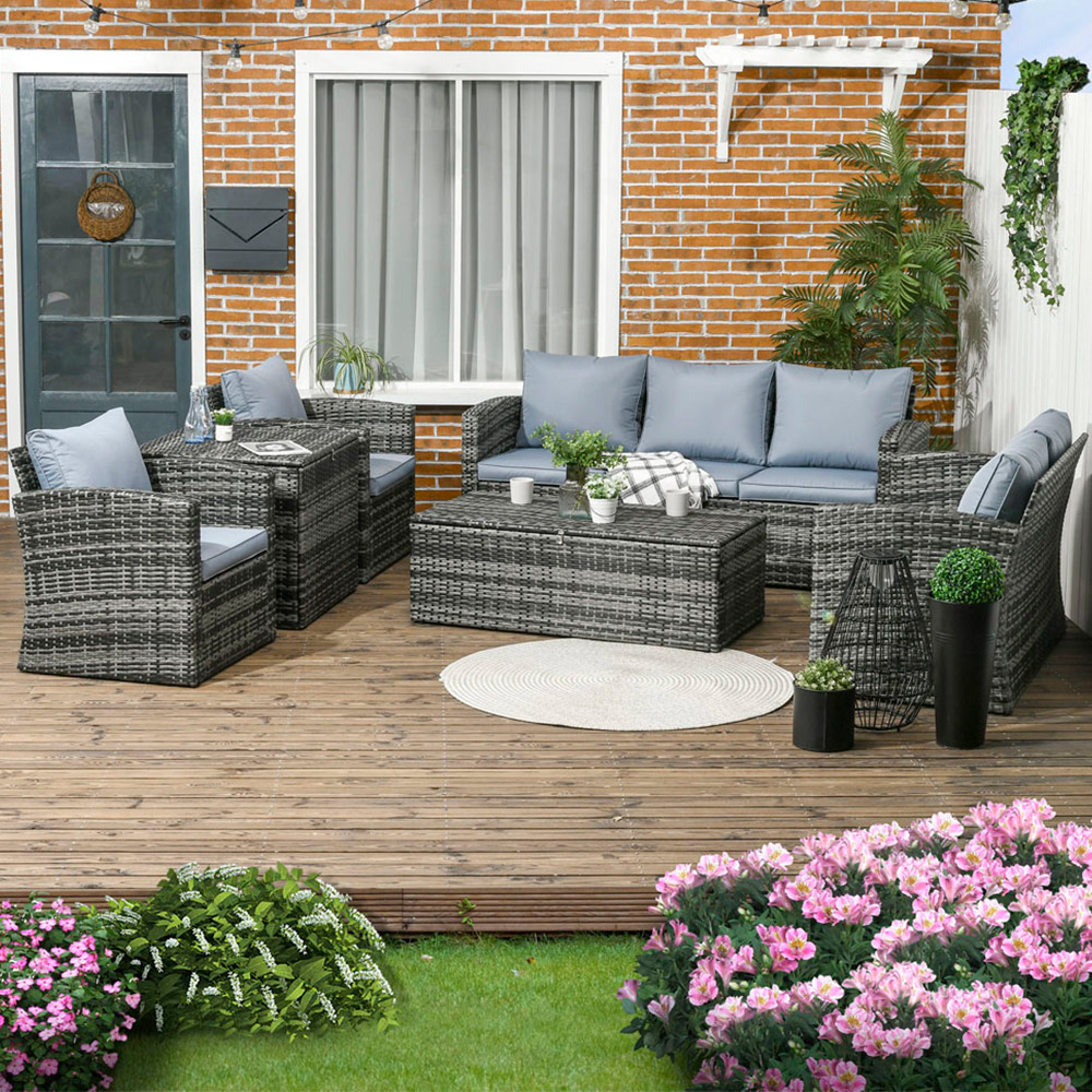 Outsunny 7 Seater Grey Rattan Sofa Lounge Set with Storage Image 1