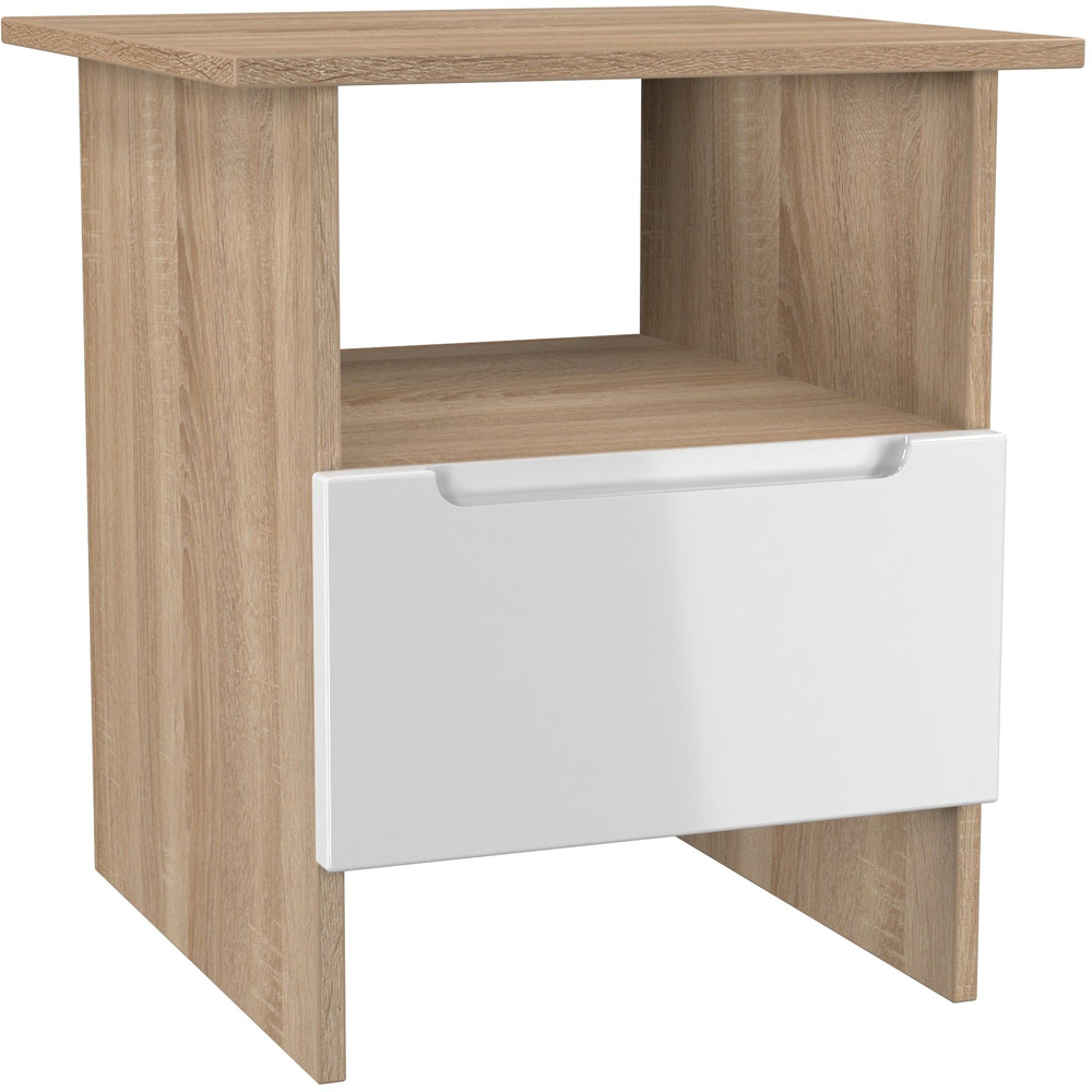 Crowndale Milan Single Drawer Single Shelf White Gloss and Bardolino Oak Lamp Table Ready Assembled Image 5